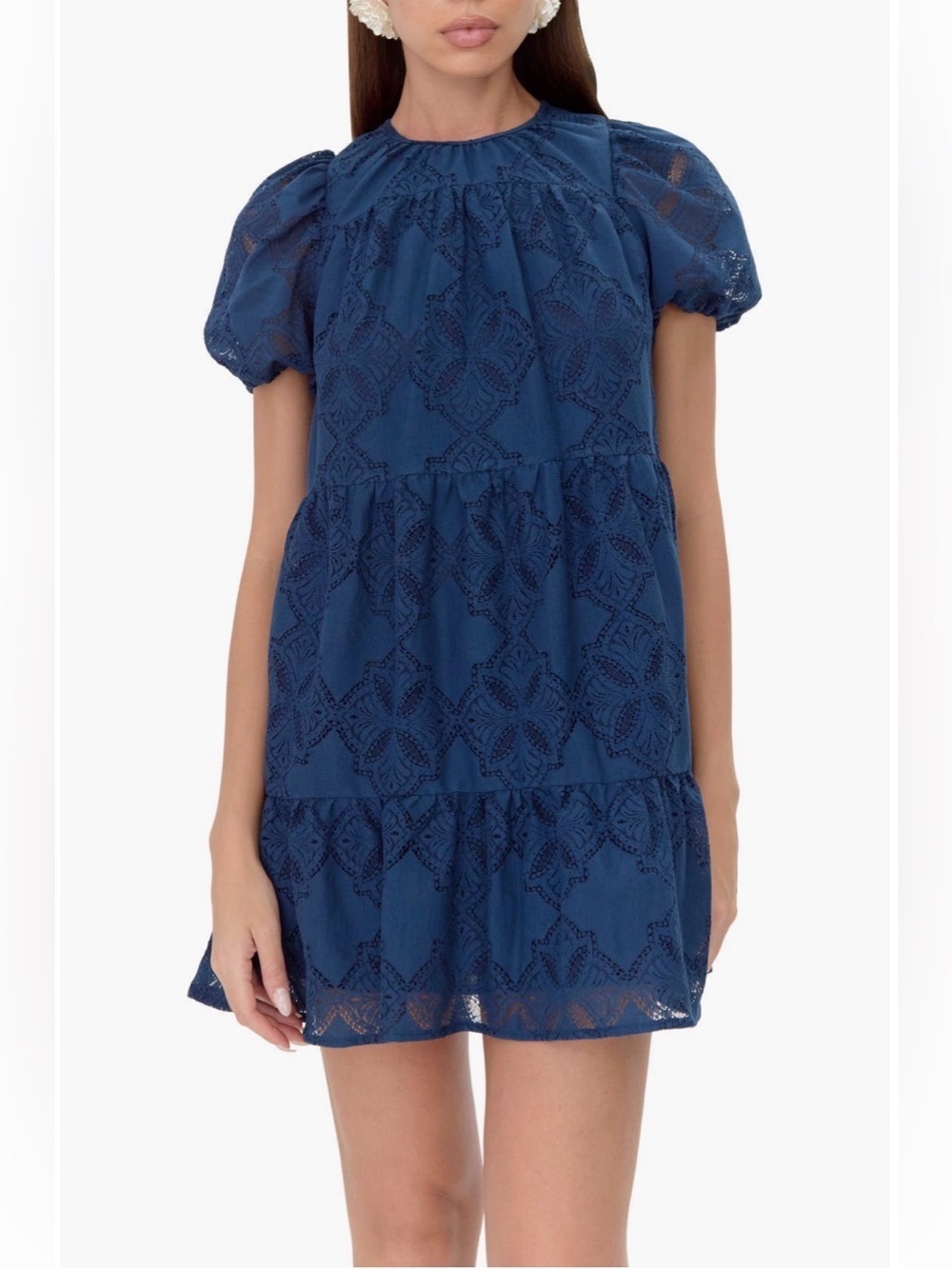 Adelyn Rae Navy Eyelet Puff-Sleeve Tiered Mini Dress